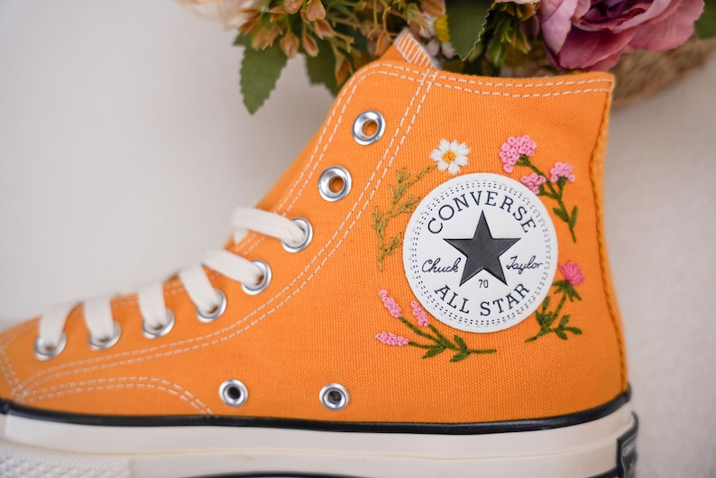 Custom Converse Chuck Taylor Embroidered, Small Flower Garden And Bee Hand Embroidered Converse, Wedding Flowers Shoes