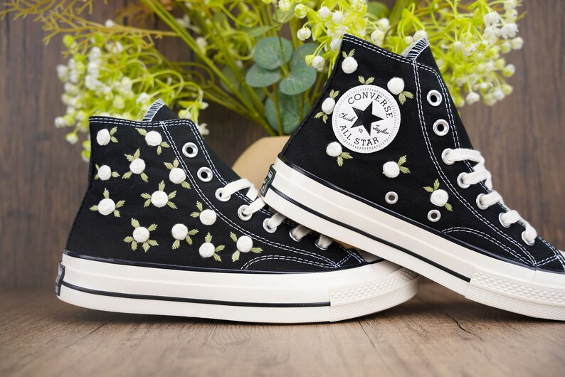 Custom Embroidered Converse Chuck Taylor, White Roses Hand Embroidered Converse, Wedding Flowers Shoes