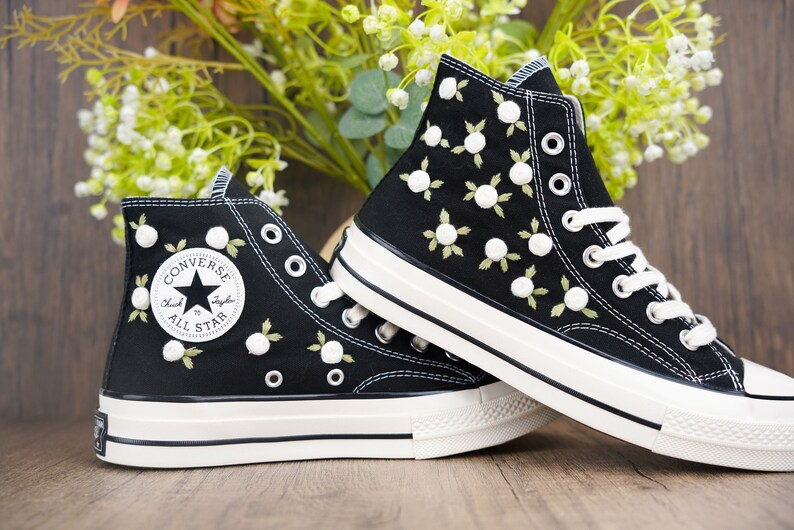 Custom Embroidered Converse Chuck Taylor, White Roses Hand Embroidered Converse, Wedding Flowers Shoes