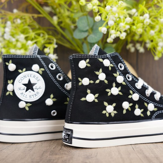 Custom Embroidered Converse Chuck Taylor, White Roses Hand Embroidered Converse, Wedding Flowers Shoes