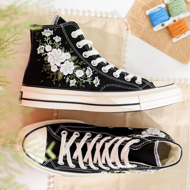 Custom Embroidered Converse High Tops, Custom Shoes Taylor 1970s White Flower Embroidered, Wedding Flower Embroidered Sneaker for Bride