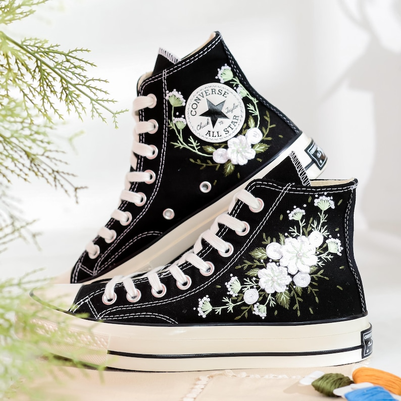 Custom Embroidered Converse High Tops, Custom Shoes Taylor 1970s White Flower Embroidered, Wedding Flower Embroidered Sneaker for Bride