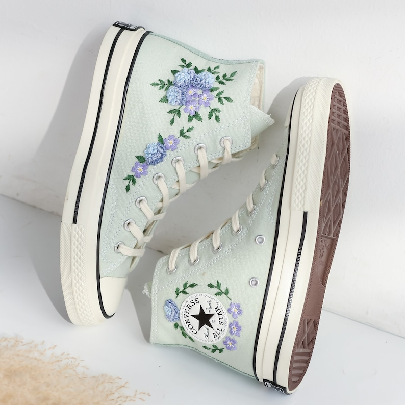 Custom Embroidered Converse High Tops, Blue Flower Embroidered Converse Shoes, Blue and Purple flowers Embroidered Sneakers, Gifts for Her