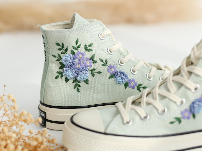 Custom Embroidered Converse High Tops, Blue Flower Embroidered Converse Shoes, Blue and Purple flowers Embroidered Sneakers, Gifts for Her