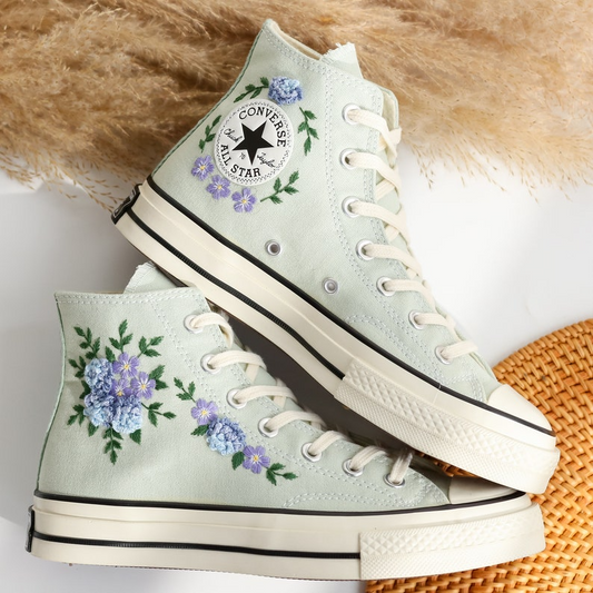 Custom Embroidered Converse High Tops, Blue Flower Embroidered Converse Shoes, Blue and Purple flowers Embroidered Sneakers, Gifts for Her