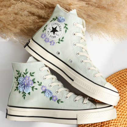 Custom Embroidered Converse High Tops, Blue Flower Embroidered Converse Shoes, Blue and Purple flowers Embroidered Sneakers, Gifts for Her