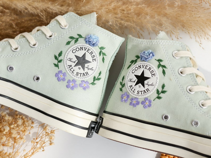 Custom Embroidered Converse High Tops, Blue Flower Embroidered Converse Shoes, Blue and Purple flowers Embroidered Sneakers, Gifts for Her