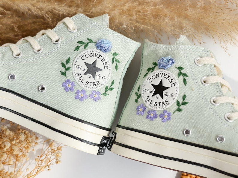 Custom Embroidered Converse High Tops, Blue Flower Embroidered Converse Shoes, Blue and Purple flowers Embroidered Sneakers, Gifts for Her