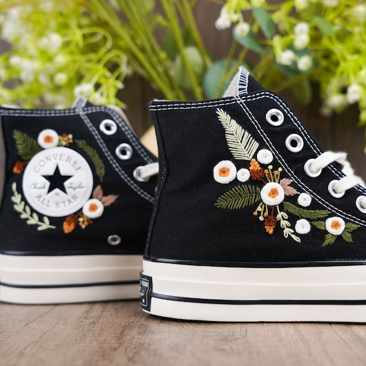 Custom Converse Chuck Taylor Embroidered, White Roses Hand Embroidered Converse, Wedding Flowers Shoes