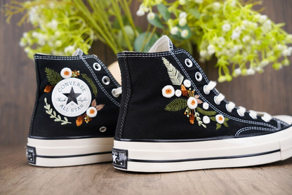 Custom Converse Chuck Taylor Embroidered, White Roses Hand Embroidered Converse, Wedding Flowers Shoes