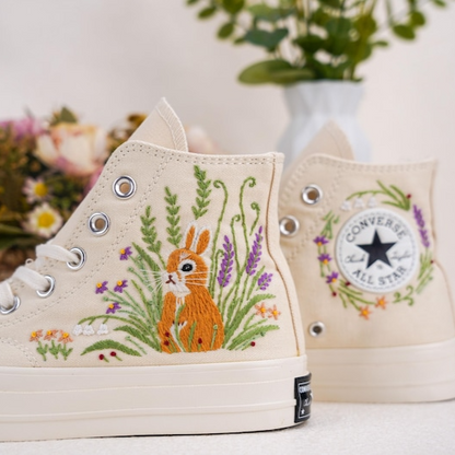 Custom Converse Chuck Taylor Embroidered, Lavender Flower And Rabbit Hand Embroidered Converse, Wedding Flowers Shoes