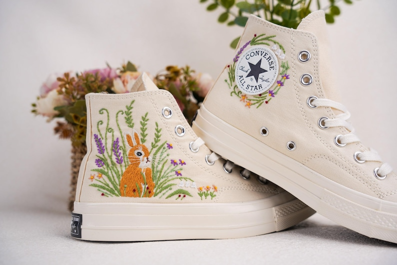 Custom Converse Chuck Taylor Embroidered, Lavender Flower And Rabbit Hand Embroidered Converse, Wedding Flowers Shoes