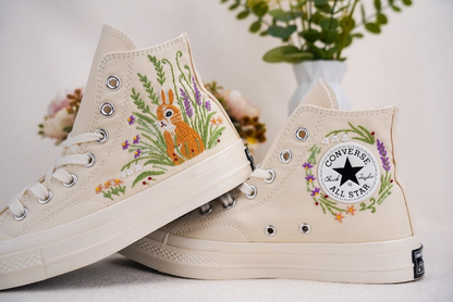 Custom Converse Chuck Taylor Embroidered, Lavender Flower And Rabbit Hand Embroidered Converse, Wedding Flowers Shoes