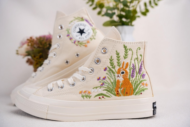 Custom Converse Chuck Taylor Embroidered, Lavender Flower And Rabbit Hand Embroidered Converse, Wedding Flowers Shoes