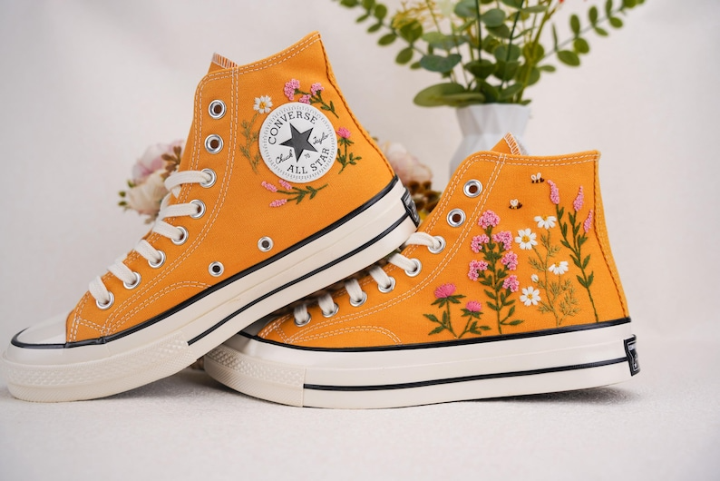 Custom Converse Chuck Taylor Embroidered, Small Flower Garden And Bee Hand Embroidered Converse, Wedding Flowers Shoes