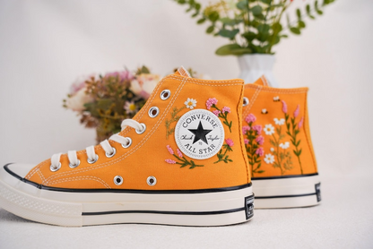 Custom Converse Chuck Taylor Embroidered, Small Flower Garden And Bee Hand Embroidered Converse, Wedding Flowers Shoes