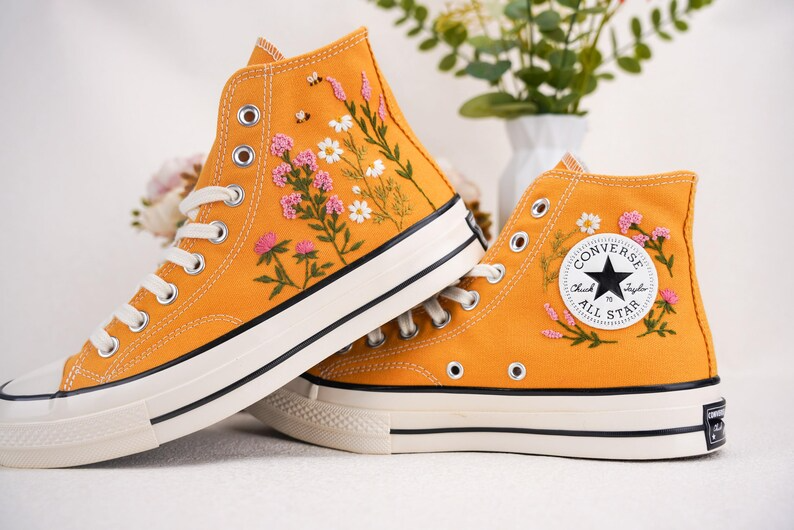 Custom Converse Chuck Taylor Embroidered, Small Flower Garden And Bee Hand Embroidered Converse, Wedding Flowers Shoes