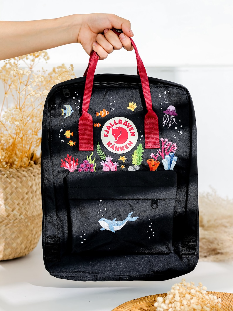 Fjallraven Rucksack Bestick, Custom Fjallraven Kanken Embroidery Blue Whale, Jellyfish, Diver, Ocean Embroidered Backpack, Gifts For Girl