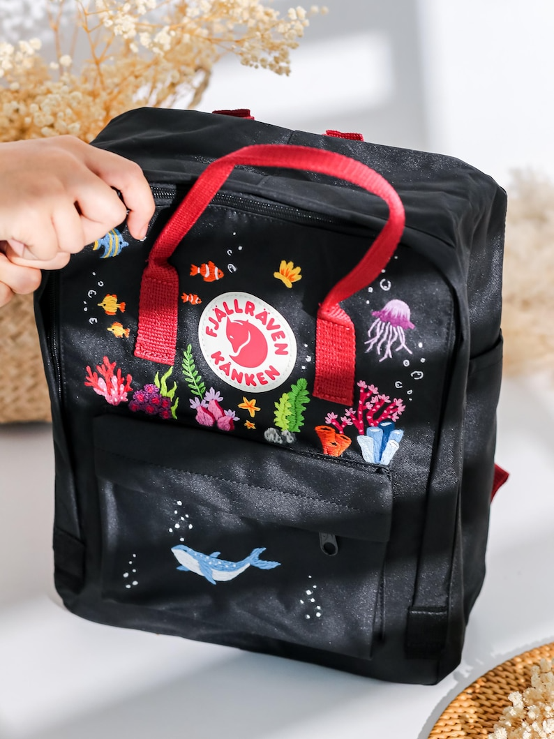 Fjallraven Rucksack Bestick, Custom Fjallraven Kanken Embroidery Blue Whale, Jellyfish, Diver, Ocean Embroidered Backpack, Gifts For Girl