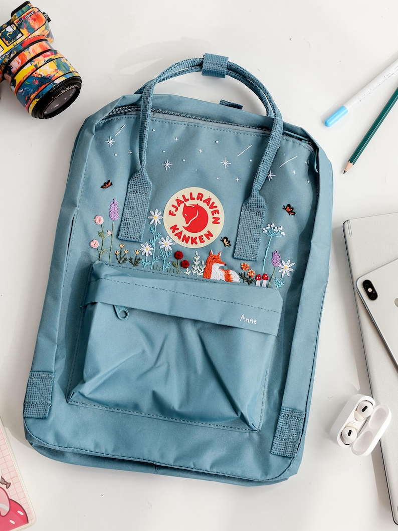 Fox Embroidered Fjallraven Kanken Backpack, Flower, Butterfly, Star Embroidered Kanken, Floral Embroidered Backpack, Custom Kanken With Name