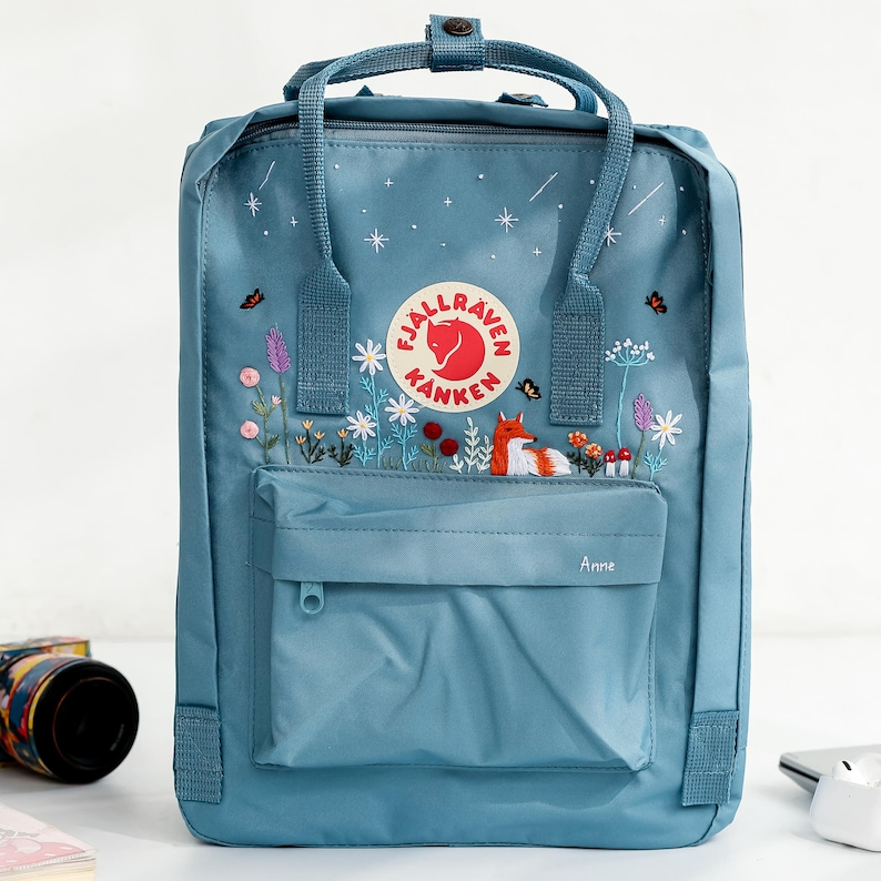 Fox Embroidered Fjallraven Kanken Backpack, Flower, Butterfly, Star Embroidered Kanken, Floral Embroidered Backpack, Custom Kanken With Name