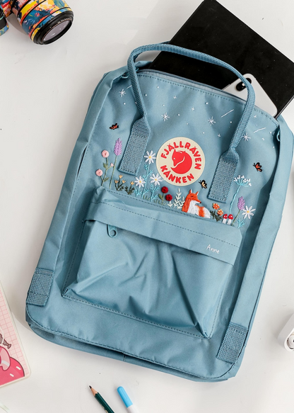 Fox Embroidered Fjallraven Kanken Backpack, Flower, Butterfly, Star Embroidered Kanken, Floral Embroidered Backpack, Custom Kanken With Name