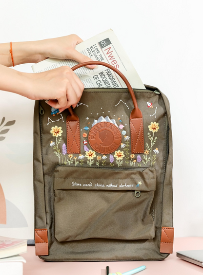 Custom Embroidered Fjallraven Kanken Backpack, Mushrooms, Lavender Embroidered Backpack, Garden Flowers Embroidery Kanken