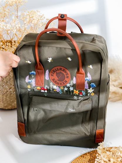 Custom Embroidered Fjallraven Kanken Backpack, Mushrooms, Lavender Embroidered Backpack, Garden Flowers Embroidery Kanken