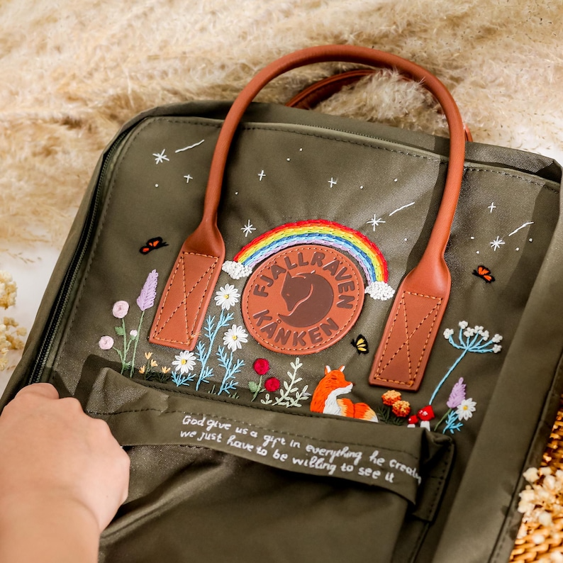 Fjallraven Kanken Backpack Embroidered Fox, Flower, Butterfly Embroidery Kanken, Backpack Laptop Embroidered Rainbow Custom Kanken With Name