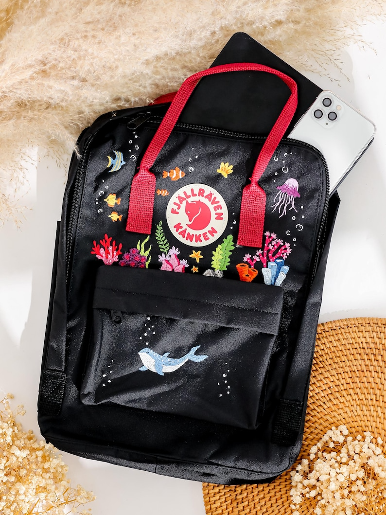 Fjallraven Rucksack Bestick, Custom Fjallraven Kanken Embroidery Blue Whale, Jellyfish, Diver, Ocean Embroidered Backpack, Gifts For Girl