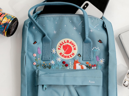 Fox Embroidered Fjallraven Kanken Backpack, Flower, Butterfly, Star Embroidered Kanken, Floral Embroidered Backpack, Custom Kanken With Name