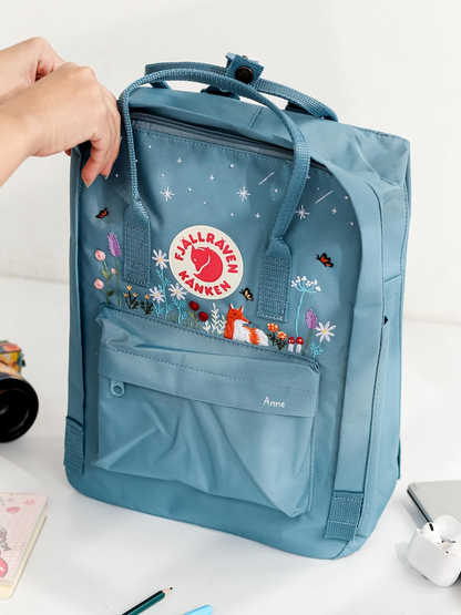 Fox Embroidered Fjallraven Kanken Backpack, Flower, Butterfly, Star Embroidered Kanken, Floral Embroidered Backpack, Custom Kanken With Name