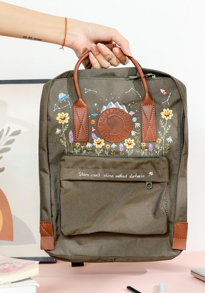 Custom Embroidered Fjallraven Kanken Backpack, Mushrooms, Lavender Embroidered Backpack, Garden Flowers Embroidery Kanken