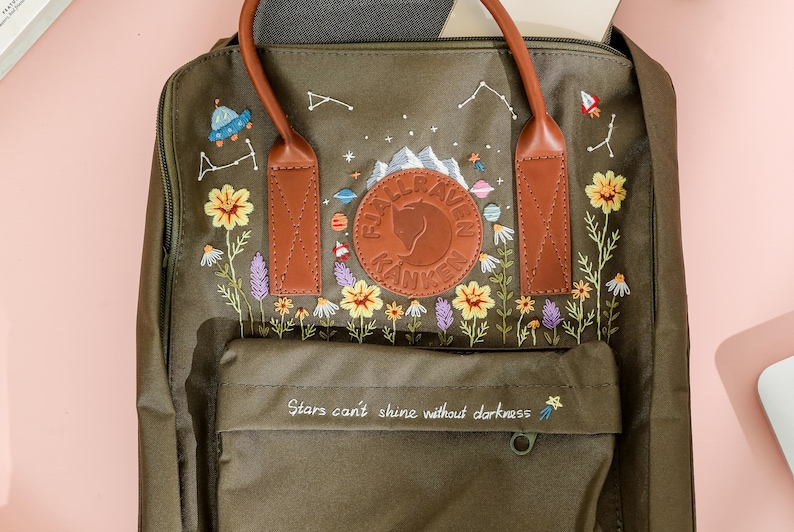 Custom Embroidered Fjallraven Kanken Backpack, Mushrooms, Lavender Embroidered Backpack, Garden Flowers Embroidery Kanken