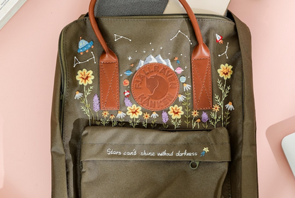 Custom Embroidered Fjallraven Kanken Backpack, Mushrooms, Lavender Embroidered Backpack, Garden Flowers Embroidery Kanken