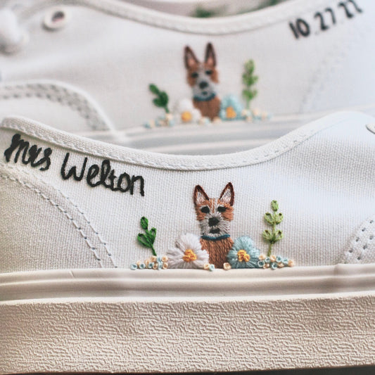 Embroidered Pet Bridal Vans, Custom Embroidered Wedding Shoes, Dog & Cat Customizable Bride Shoes, Wedding Sneakers, Bridal Pet Sneakers