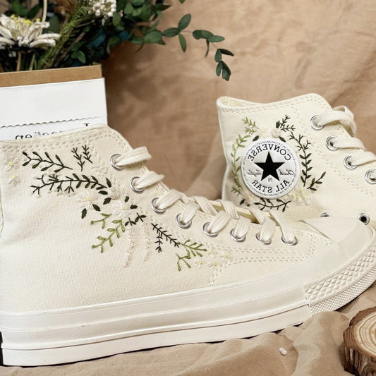 Floral Hand Embroidered Converse, Custom Bridal Shoes