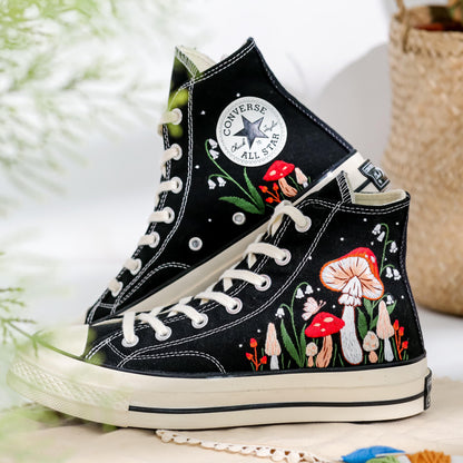 Custom Embroidered Converse, Mushrooms Embroidered Shoes for Women, Garden Mushrooms Embroidery Sneaker Custom, Mushroom Gift, Gifts for Her