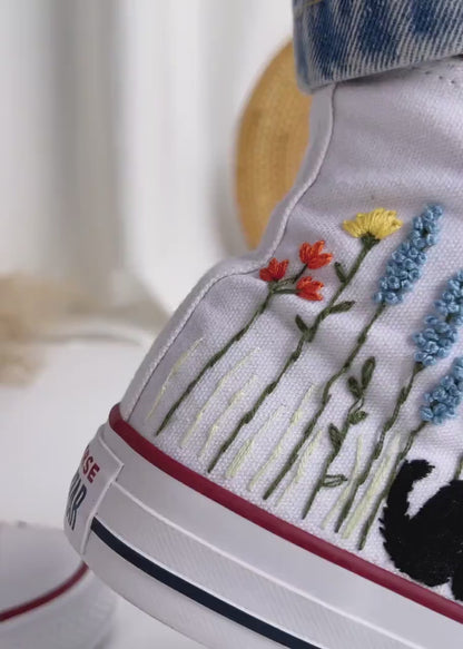 Custom Embroidered Converse High Tops, Custom Shoes Flower and Cat Embroidered, Custom Converse Embroidered Pet and Floral, Custom Pet Gifts