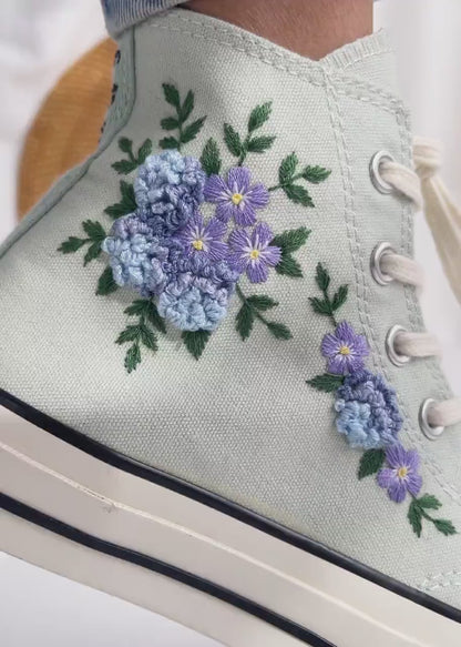 Custom Embroidered Converse High Tops, Blue Flower Embroidered Converse Shoes, Blue and Purple flowers Embroidered Sneakers, Gifts for Her