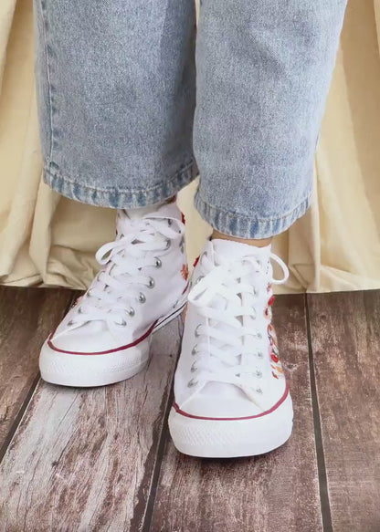 Custom White Converse Chuck Taylor Embroidered, Name And Flowers Hand Embroidered Converse