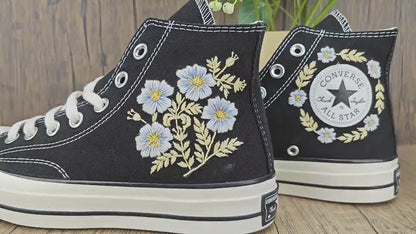 Custom Black Converse Chuck Taylor Embroidered, White Flower Hand Embroidered Converse, Custom Wedding Shoes