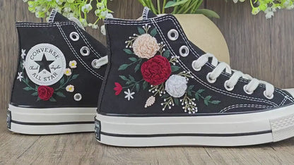 Custom Black Converse Chuck Taylor Embroidered, Rose Flowers Hand Embroidered Converse