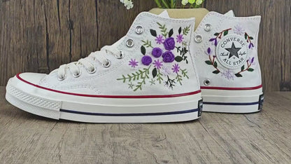 Purple Rose Converse Chuck Taylor Embroidered, Hand Embroidered Converse Custom Wedding Flowers