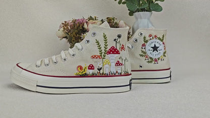 Custom Converse Chuck Taylor Embroidered, Strawbery And Snail Hand Embroidered Converse, Wedding Flowers Shoes