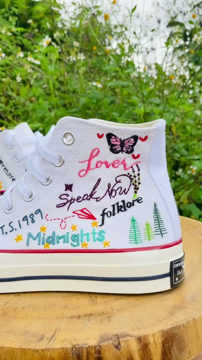 Platform Wedding Converse for Bride, Taylor Swift Album Names Hand-Embroidered Shoes High Top