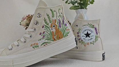 Custom Converse Chuck Taylor Embroidered, Lavender Flower And Rabbit Hand Embroidered Converse, Wedding Flowers Shoes