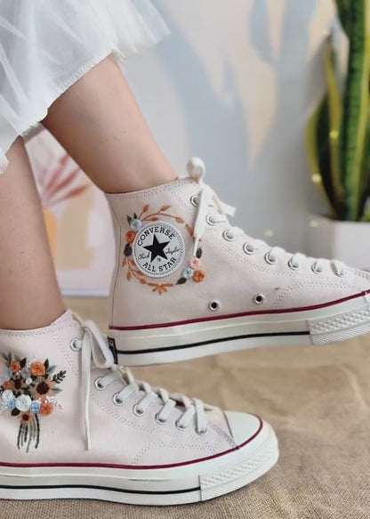 Wedding Shoes for Bride, Wedding Floral Embroider Converse High Tops, Bridal Flowers Embroidered Sneakers