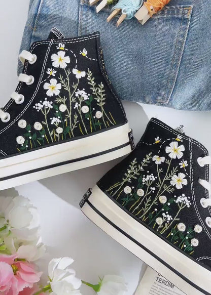 Custom Converse Chuck Taylor Daisy Embroidered Converse Shoes, Garden Flower Embroidered Sneaker, Embroidery Floral Shoes, Gifts for Her