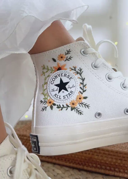 Custom Wedding Converse Embroidered Sunflower for Bride, Wedding Flower Embroidered Shoes, Bridal Flower Embroidered Sneaker Name Embroidery